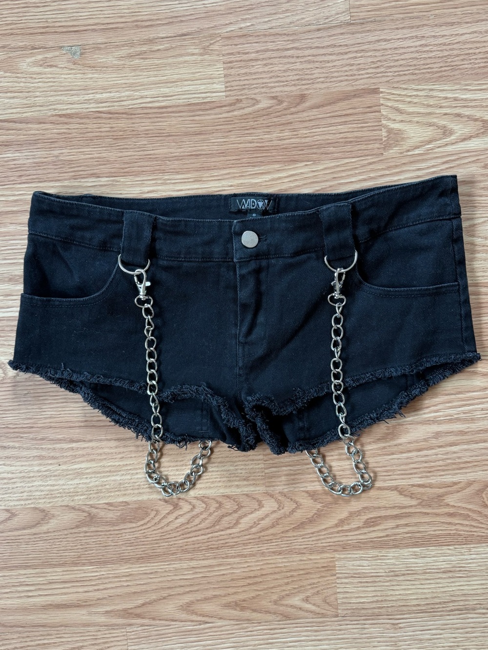 Widow Black Denim Bondage Chain Embellished Goth Micro Mini Festival Rave Shorts